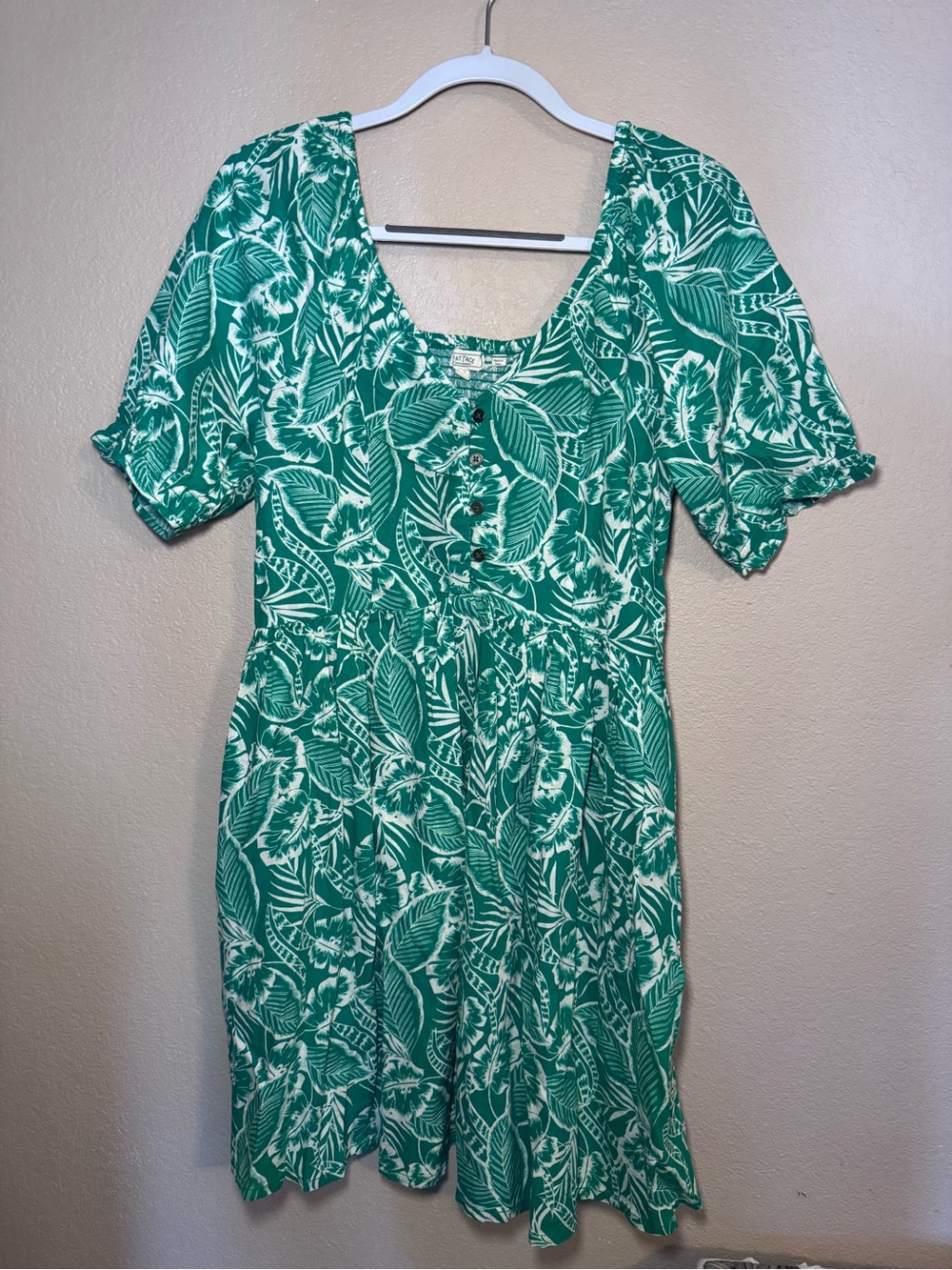 Fat Face Green and White Leaf-Print Mini Dress